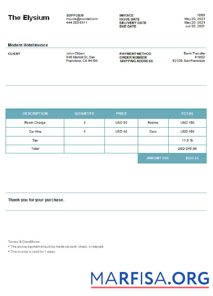 Printable USA The Elysium invoice real example